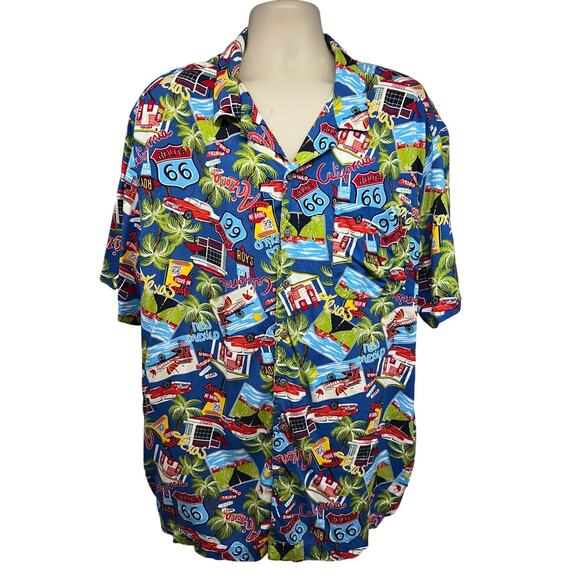 Hawaiian Retro Route 66 All Over Print Blue Vintage Button Up Shirt 3XL Pocket - Picture 1 of 9